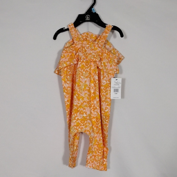 NWT Volcom Baby Girl Apricot Floral Romper With Bucket Hat Size 3/6 Months Linen - Picture 1 of 9